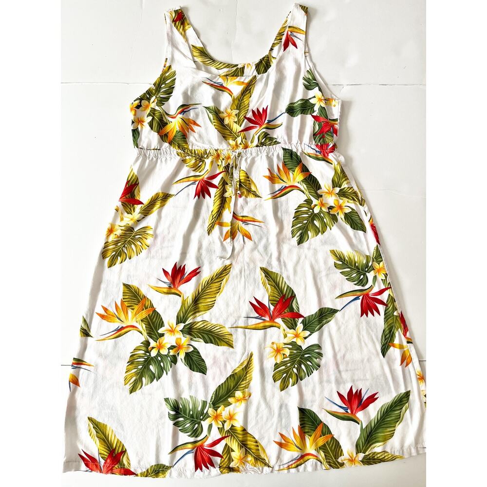 Puanani Dress Womens XL White Tropical Floral Sundress Scoop Neck Hawaii Beach